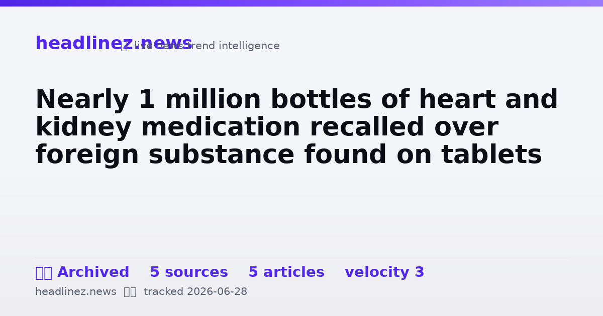 Visual summary for Nearly 1 million bottles of heart and kidney medication recalled over foreign substance found on tablets