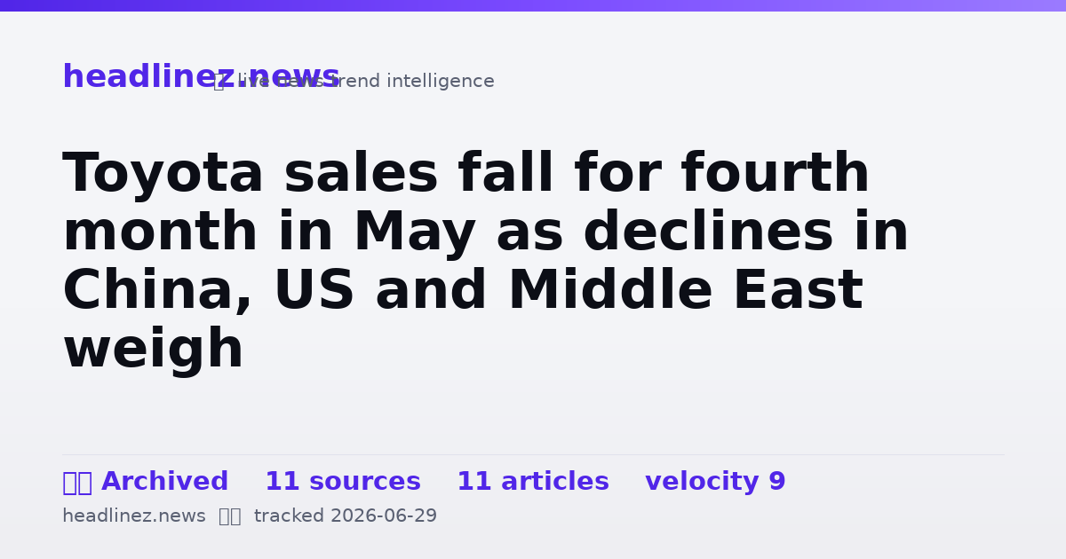 Visual summary for Toyota sales fall for fourth month in May as declines in China, US and Middle East weigh
