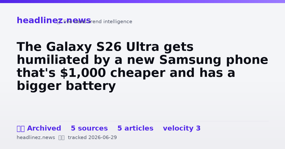 Visual summary for The Galaxy S26 Ultra gets humiliated by a new Samsung phone that's $1,000 cheaper and has a bigger battery