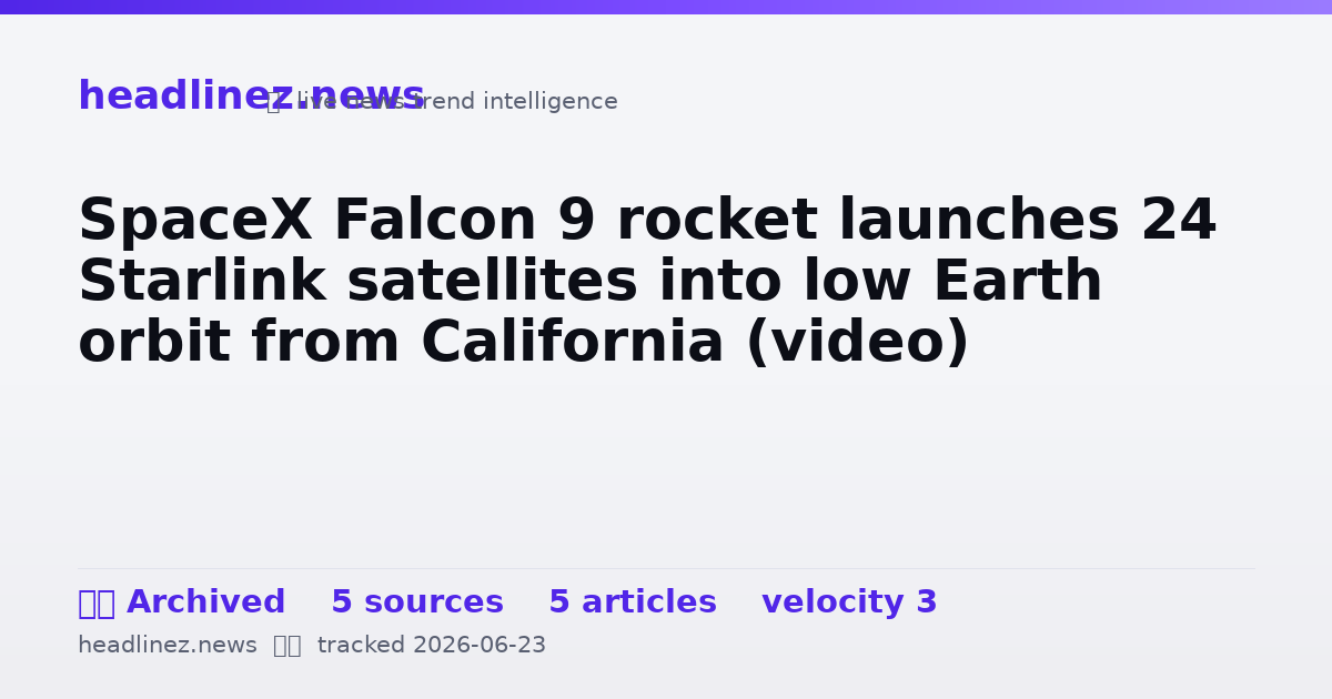 Visual summary for SpaceX Falcon 9 rocket launches 24 Starlink satellites into low Earth orbit from California (video)