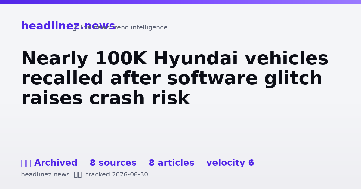 Visual summary for Nearly 100K Hyundai vehicles recalled after software glitch raises crash risk