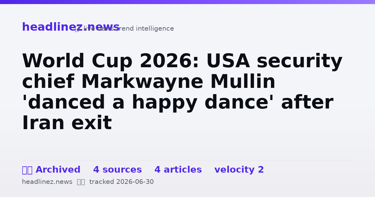 Visual summary for World Cup 2026: USA security chief Markwayne Mullin 'danced a happy dance' after Iran exit