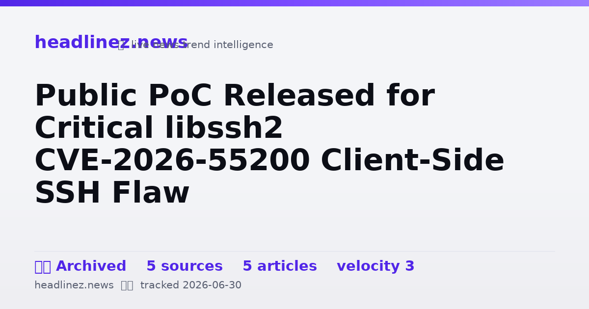 Visual summary for Public PoC Released for Critical libssh2 CVE-2026-55200 Client-Side SSH Flaw
