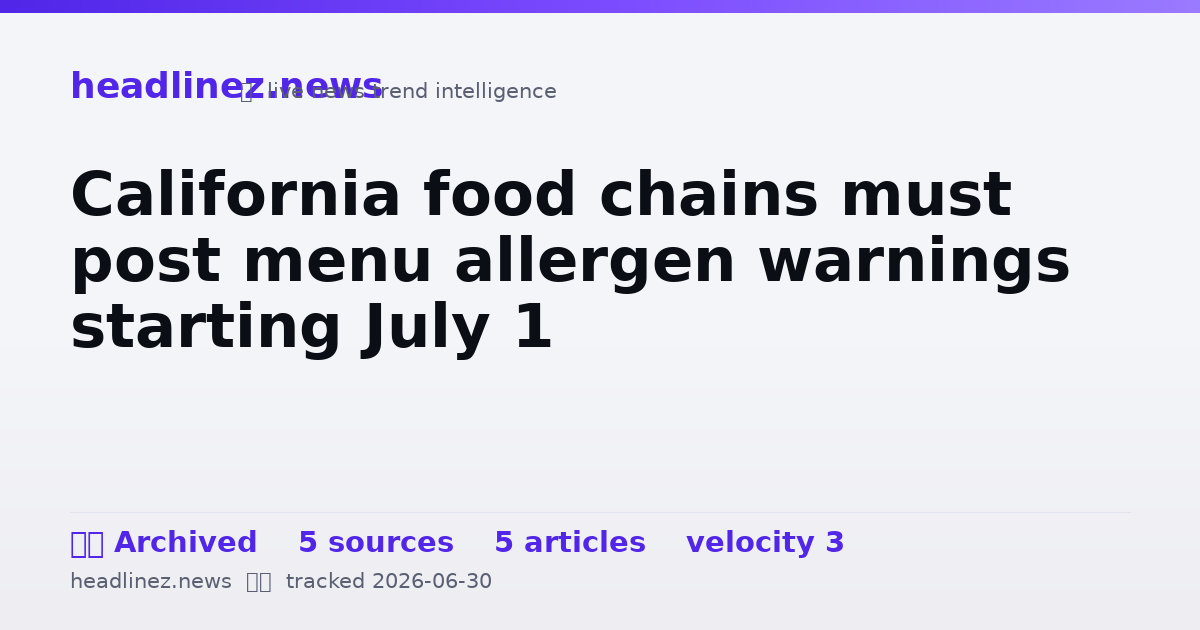 Visual summary for California food chains must post menu allergen warnings starting July 1