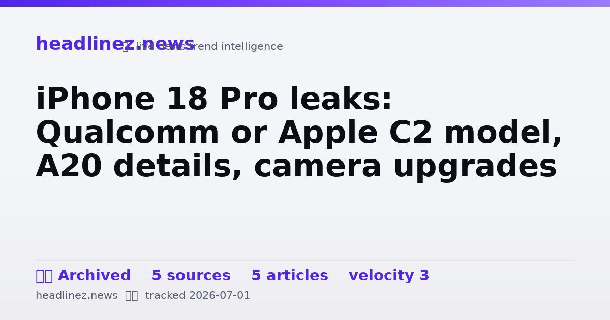 Visual summary for iPhone 18 Pro leaks: Qualcomm or Apple C2 model, A20 details, camera upgrades