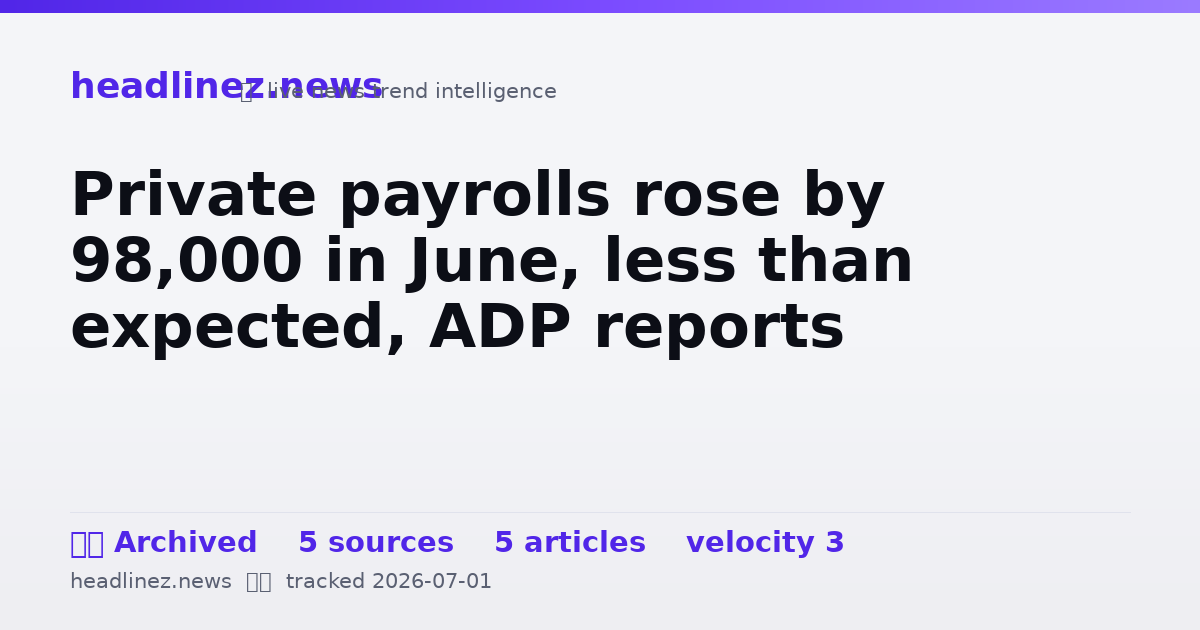 Visual summary for Private payrolls rose by 98,000 in June, less than expected, ADP reports