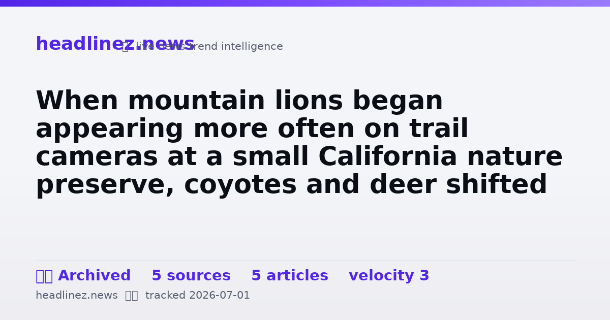 Visual summary for When mountain lions began appearing more often on trail cameras at a small California nature preserve, coyotes and deer shifted away from nighttime activity, and the woody plants those deer used to eat increased sixty four fold