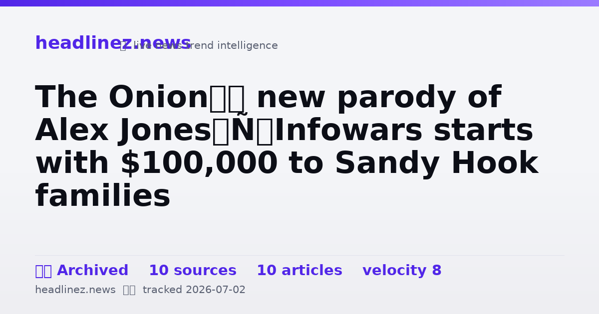 Visual summary for The Onion’s new parody of Alex Jones’ Infowars starts with $100,000 to Sandy Hook families