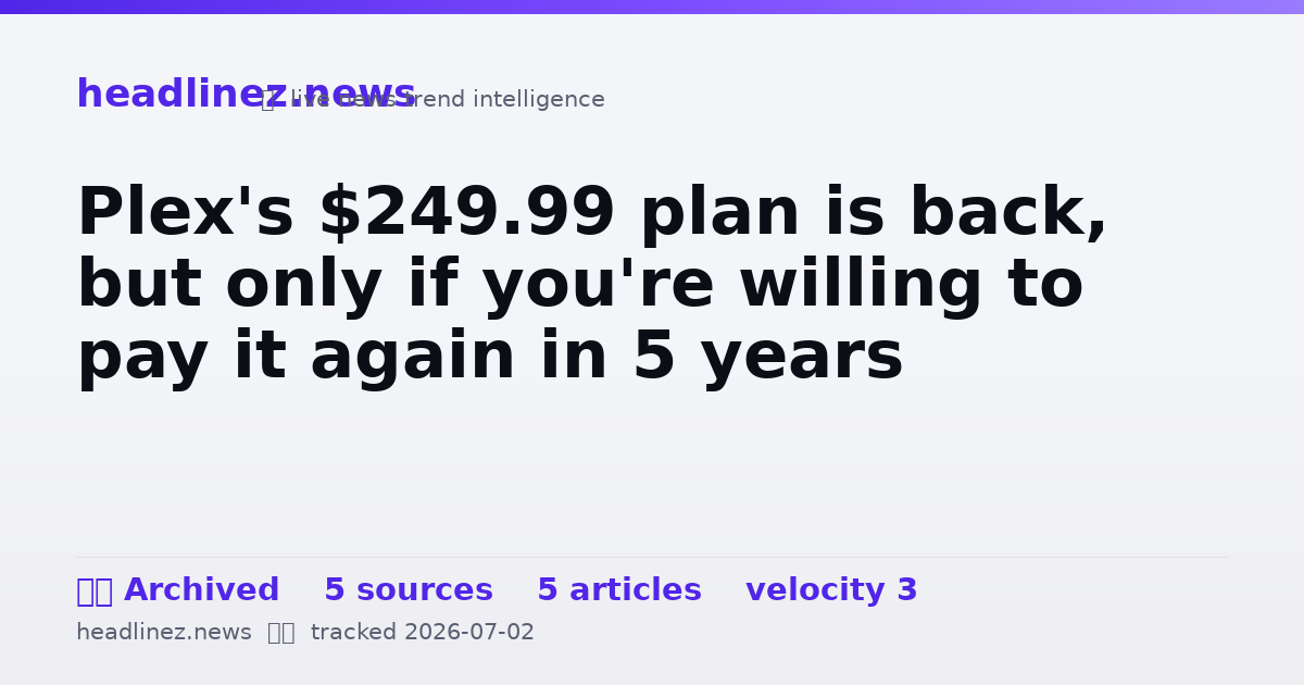 Visual summary for Plex's $249.99 plan is back, but only if you're willing to pay it again in 5 years