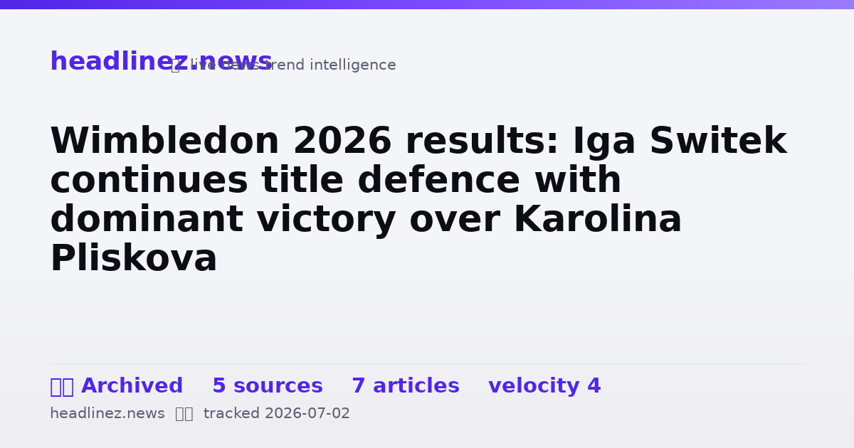 Visual summary for Wimbledon 2026 results: Iga Switek continues title defence with dominant victory over Karolina Pliskova