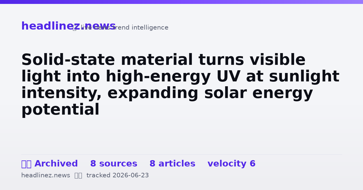 Visual summary for Solid-state material turns visible light into high-energy UV at sunlight intensity, expanding solar energy potential