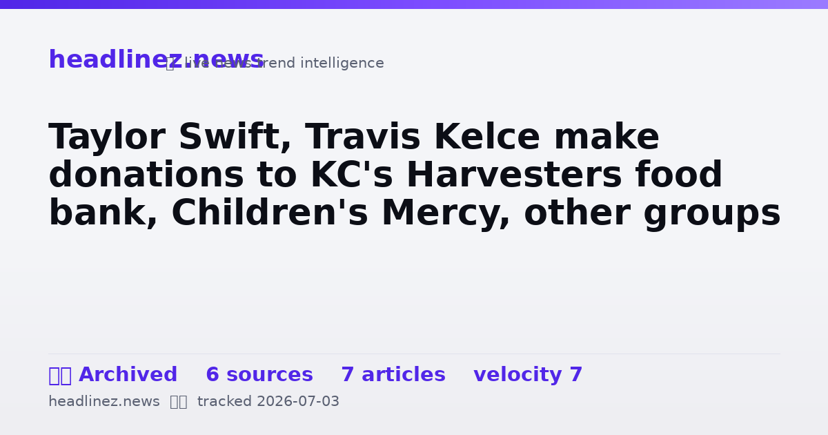 Visual summary for Taylor Swift, Travis Kelce make donations to KC's Harvesters food bank, Children's Mercy, other groups
