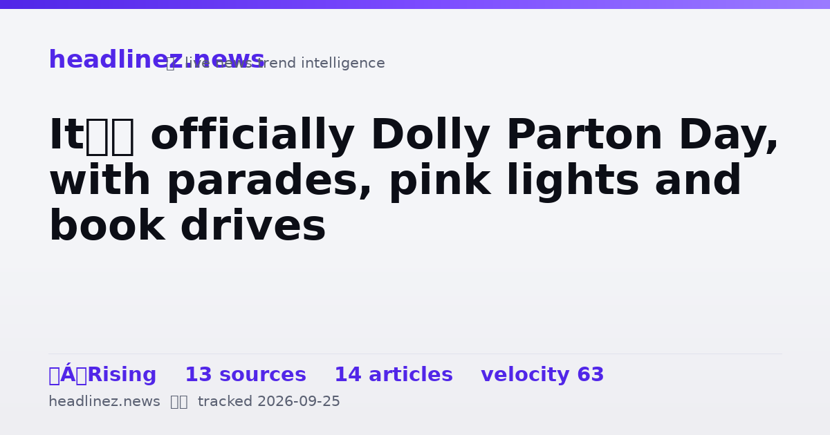 Visual summary for It’s officially Dolly Parton Day, with parades, pink lights and book drives