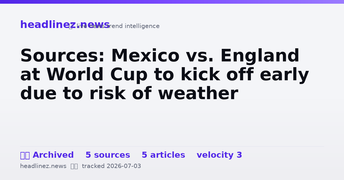 Visual summary for Sources: Mexico vs. England at World Cup to kick off early due to risk of weather