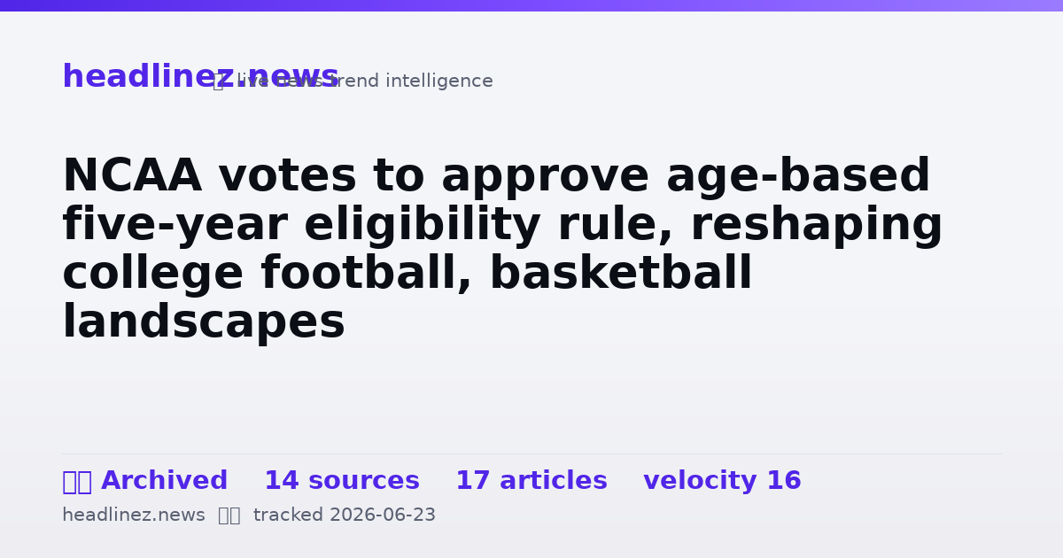 Visual summary for NCAA votes to approve age-based five-year eligibility rule, reshaping college football, basketball landscapes
