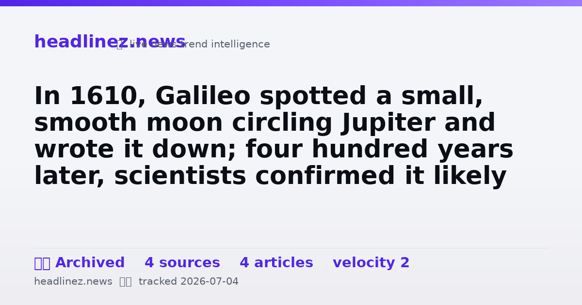 Visual summary for In 1610, Galileo spotted a small, smooth moon circling Jupiter and wrote it down; four hundred years later, scientists confirmed it likely holds the largest ocean in the solar system, buried under ice and never once touched by sunlight