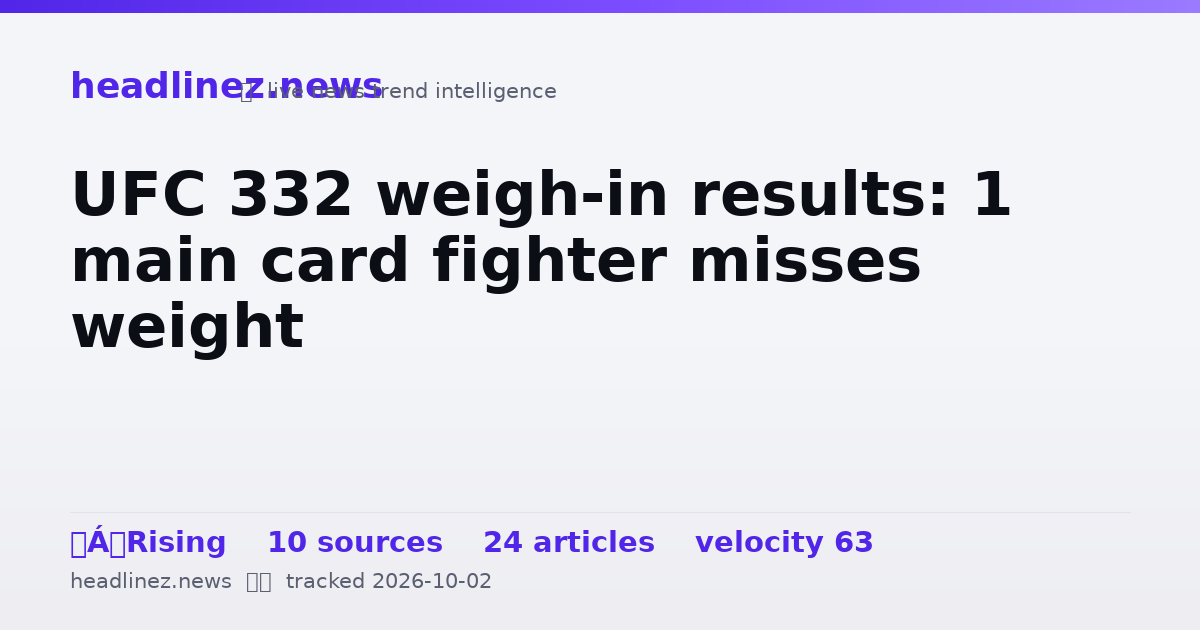 Visual summary for UFC 332 weigh-in results: 1 main card fighter misses weight