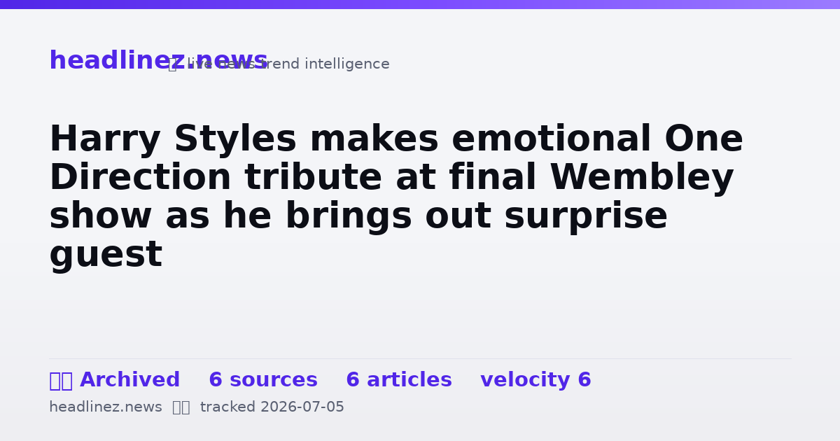 Visual summary for Harry Styles makes emotional One Direction tribute at final Wembley show as he brings out surprise guest