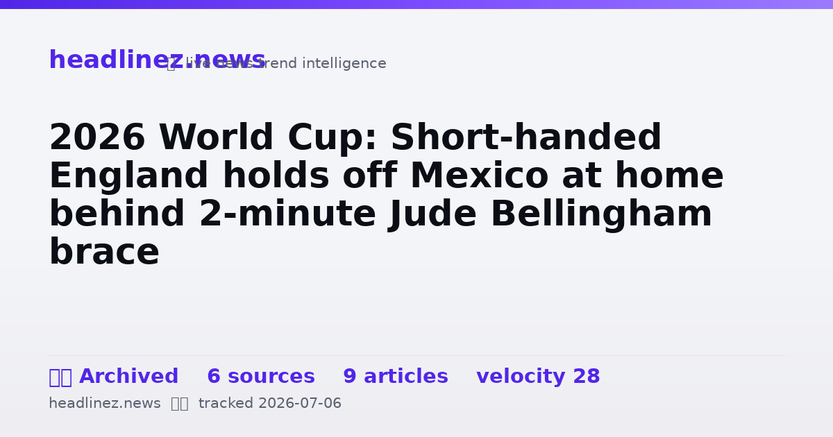 Visual summary for 2026 World Cup: Short-handed England holds off Mexico at home behind 2-minute Jude Bellingham brace