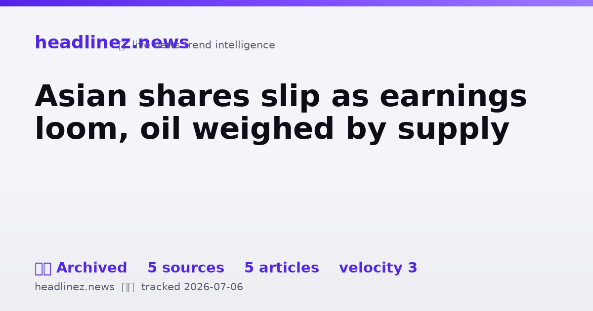 Visual summary for Asian shares slip as earnings loom, oil weighed by supply