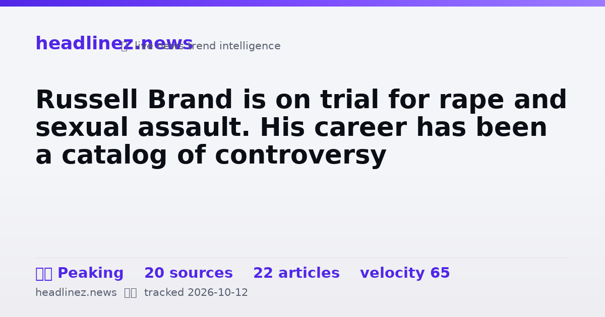 Visual summary for Russell Brand is on trial for rape and sexual assault. His career has been a catalog of controversy