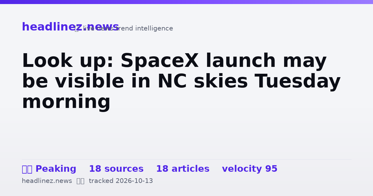 Visual summary for Look up: SpaceX launch may be visible in NC skies Tuesday morning