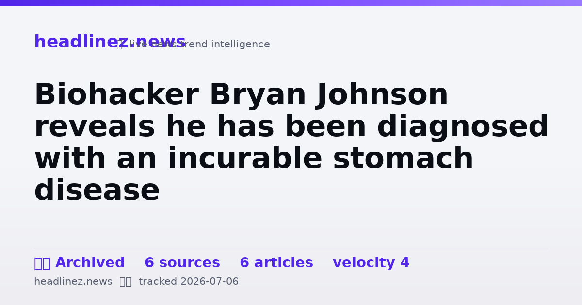 Visual summary for Biohacker Bryan Johnson reveals he has been diagnosed with an incurable stomach disease