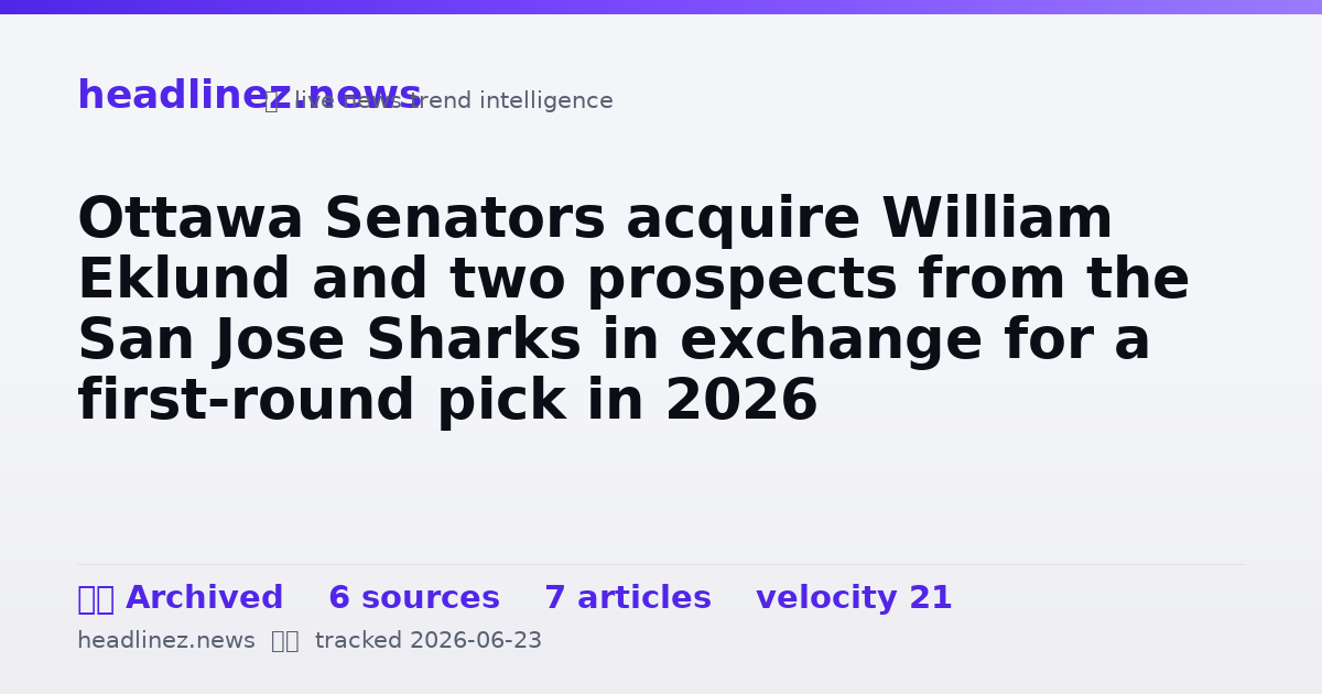 Visual summary for Ottawa Senators acquire William Eklund and two prospects from the San Jose Sharks in exchange for a first-round pick in 2026