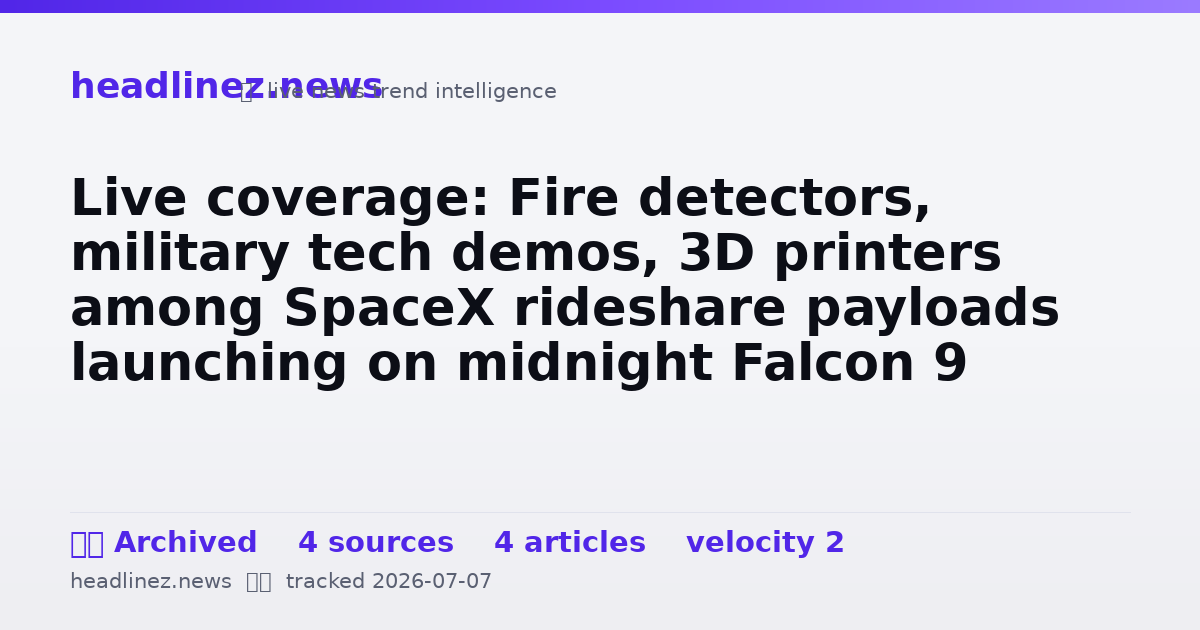 Visual summary for Live coverage: Fire detectors, military tech demos, 3D printers among SpaceX rideshare payloads launching on midnight Falcon 9 flight