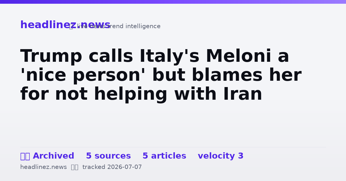 Visual summary for Trump calls Italy's Meloni a 'nice person' but blames her for not helping with Iran