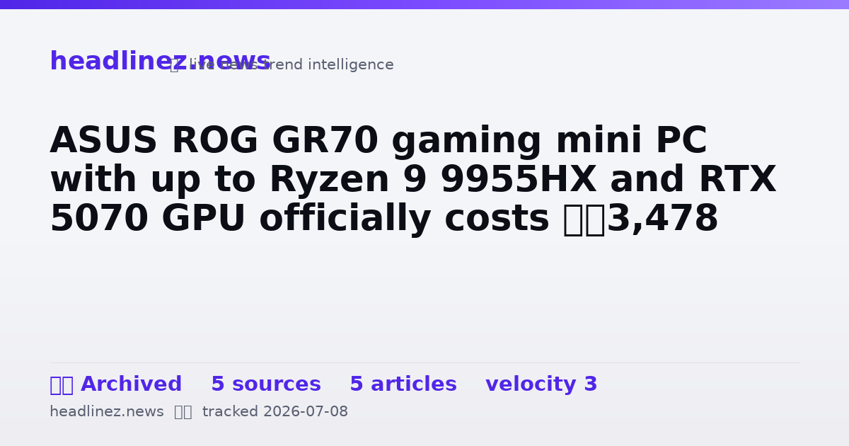 Visual summary for ASUS ROG GR70 gaming mini PC with up to Ryzen 9 9955HX and RTX 5070 GPU officially costs €3,478