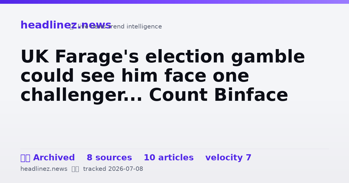Visual summary for UK Farage's election gamble could see him face one challenger... Count Binface