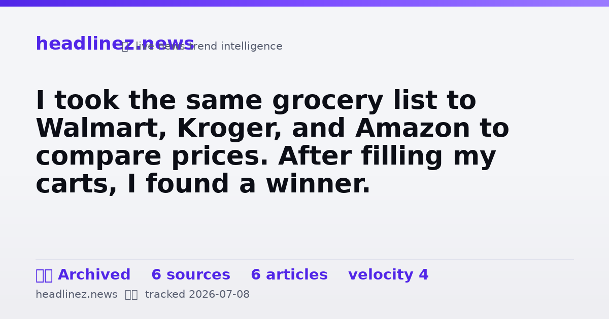 Visual summary for I took the same grocery list to Walmart, Kroger, and Amazon to compare prices. After filling my carts, I found a winner.