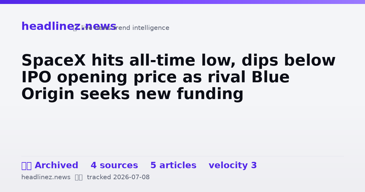 Visual summary for SpaceX hits all-time low, dips below IPO opening price as rival Blue Origin seeks new funding