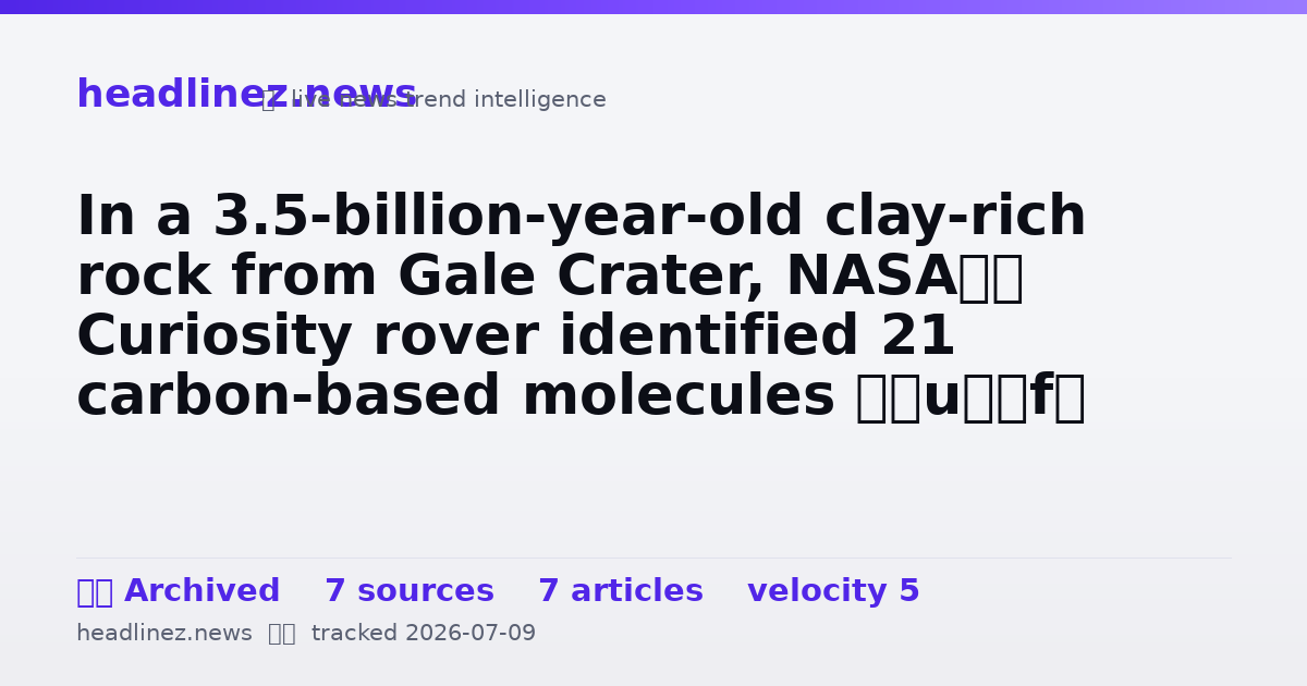 Visual summary for In a 3.5-billion-year-old clay-rich rock from Gale Crater, NASA’s Curiosity rover identified 21 carbon-based molecules — including a nitrogen-bearing ring structure linked to the chemistry that can precede RNA and DNA