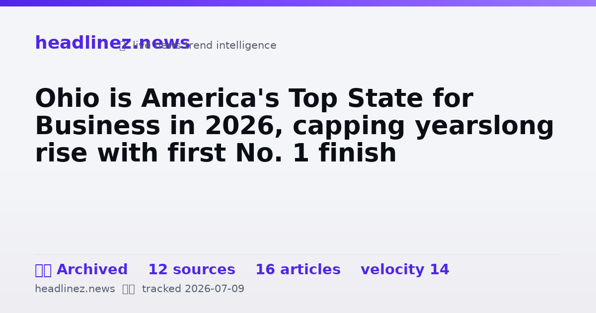 Visual summary for Ohio is America's Top State for Business in 2026, capping yearslong rise with first No. 1 finish