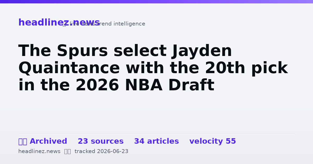 Visual summary for The Spurs select Jayden Quaintance with the 20th pick in the 2026 NBA Draft