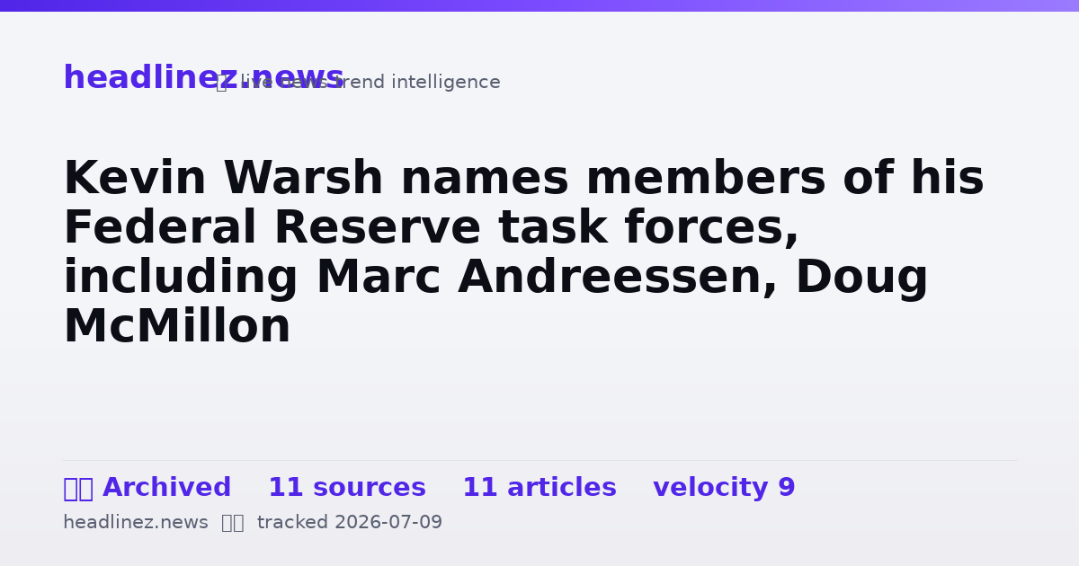 Visual summary for Kevin Warsh names members of his Federal Reserve task forces, including Marc Andreessen, Doug McMillon