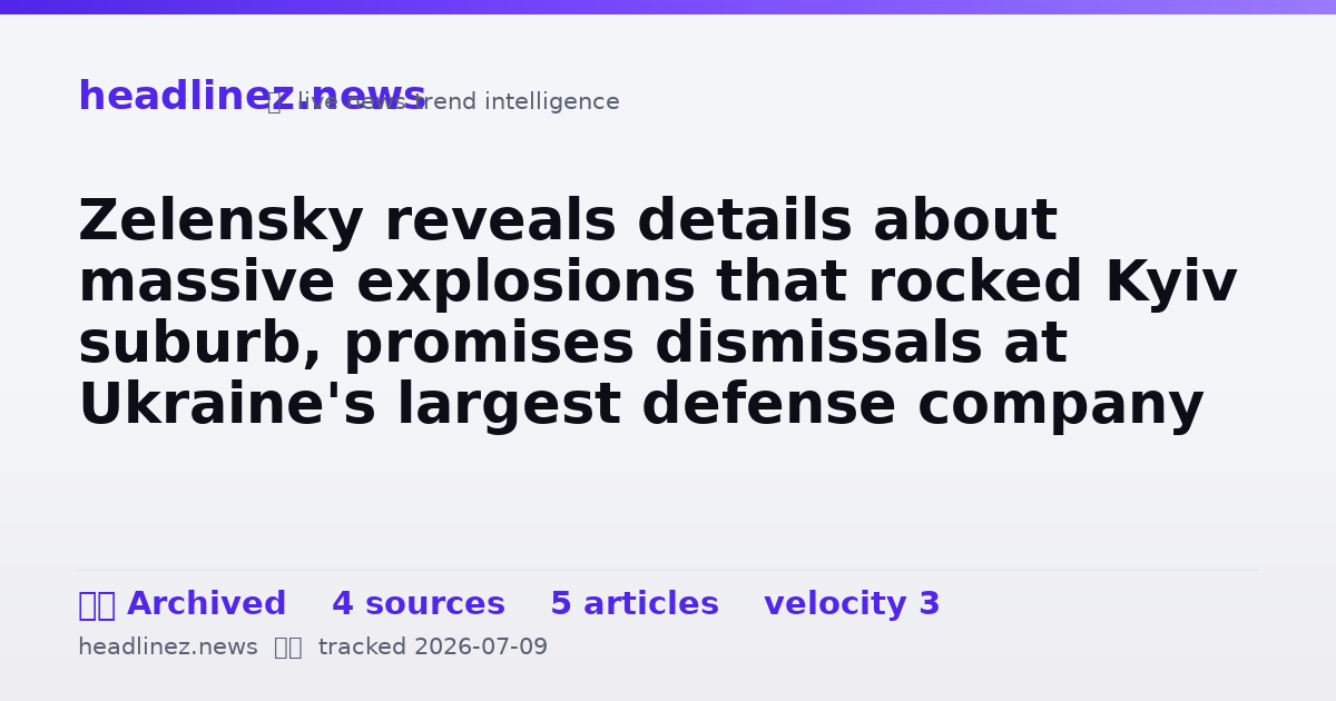 Visual summary for Zelensky reveals details about massive explosions that rocked Kyiv suburb, promises dismissals at Ukraine's largest defense company