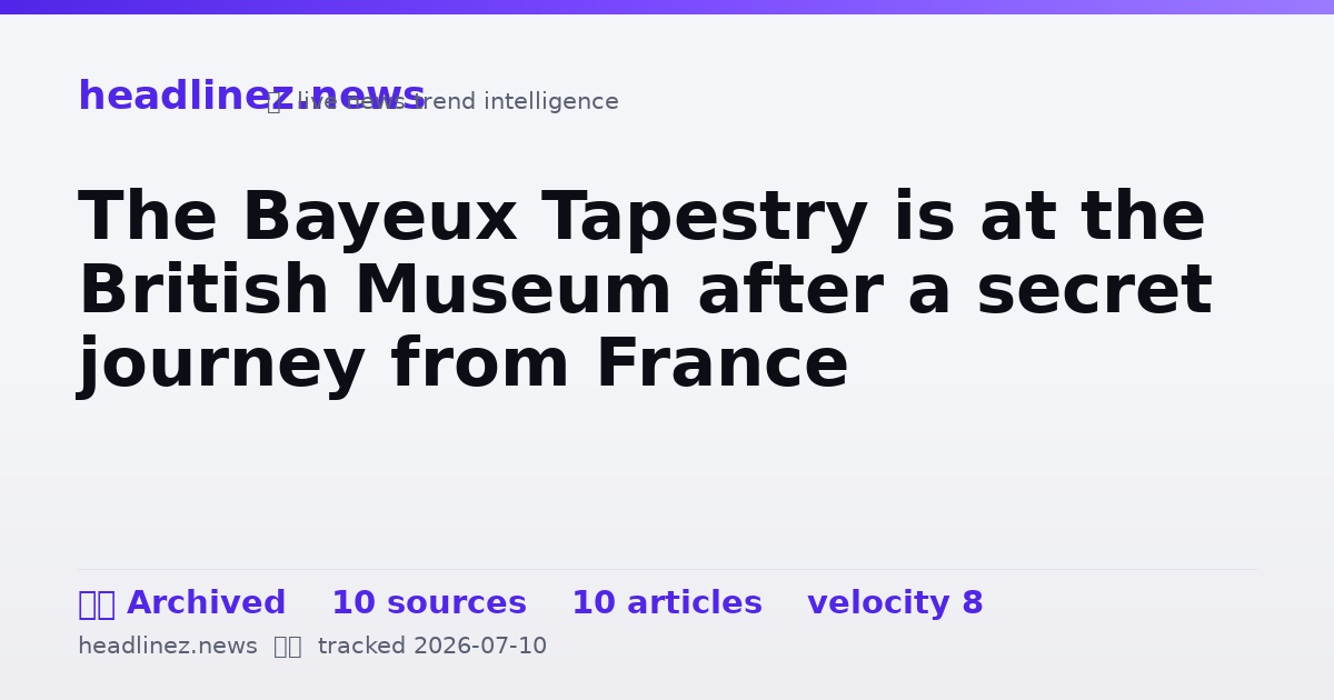 Visual summary for The Bayeux Tapestry is at the British Museum after a secret journey from France